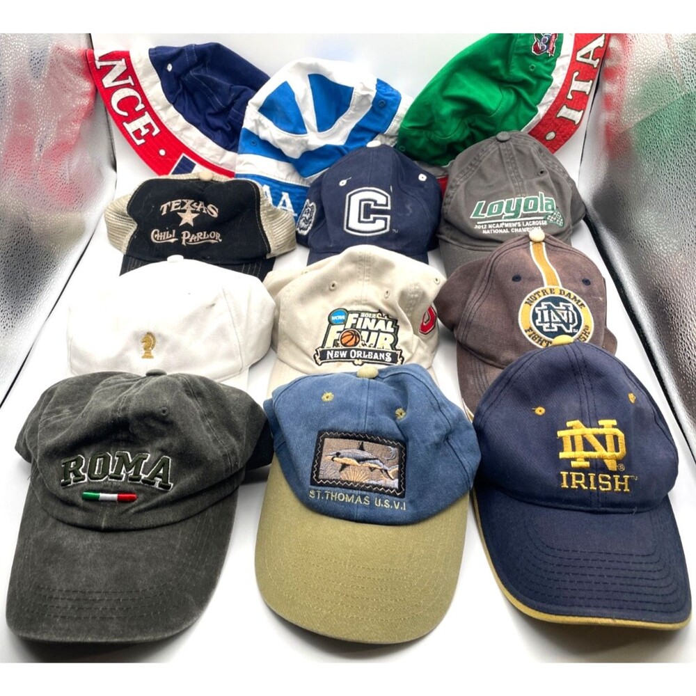 12 VTG Baseball Caps and Bucket Hats Notre Dame Texas St. Thomas Italy France